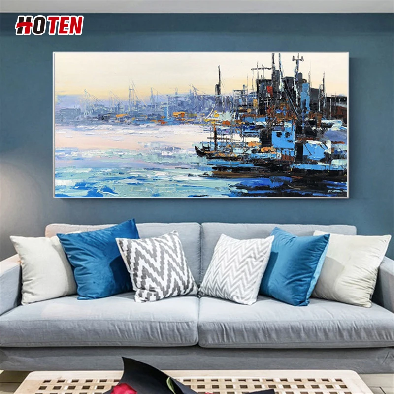 Large Size Hand Painted Abstract Boat Sea Beach Oil Painting On Canvas Abstract Seascape Wall Art Picture Living Room Home Decor