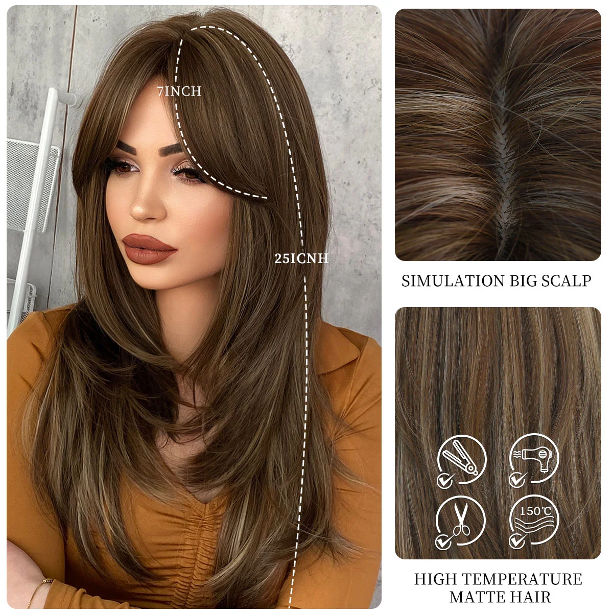 Wholesale Honey Blonde Wig with Bangs Long Brown Wigs for Women Layered Heat Resistant Synthetic Wigs Pelucas Perruques Peruca