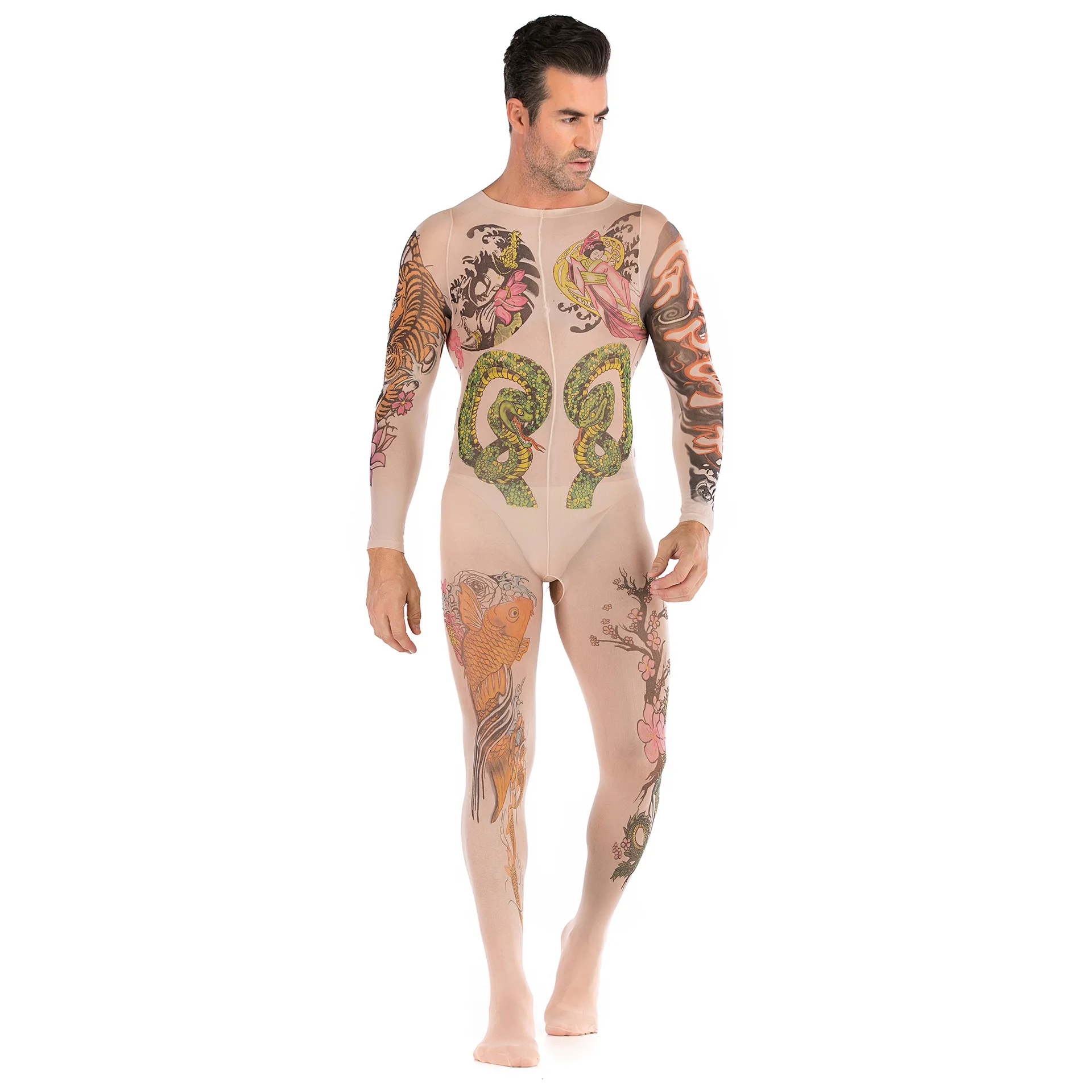 Male Sexy Lingerie One Piece Tight Jumpsuit Bodystockings for Men in Sexy Silk Stockings with Printing