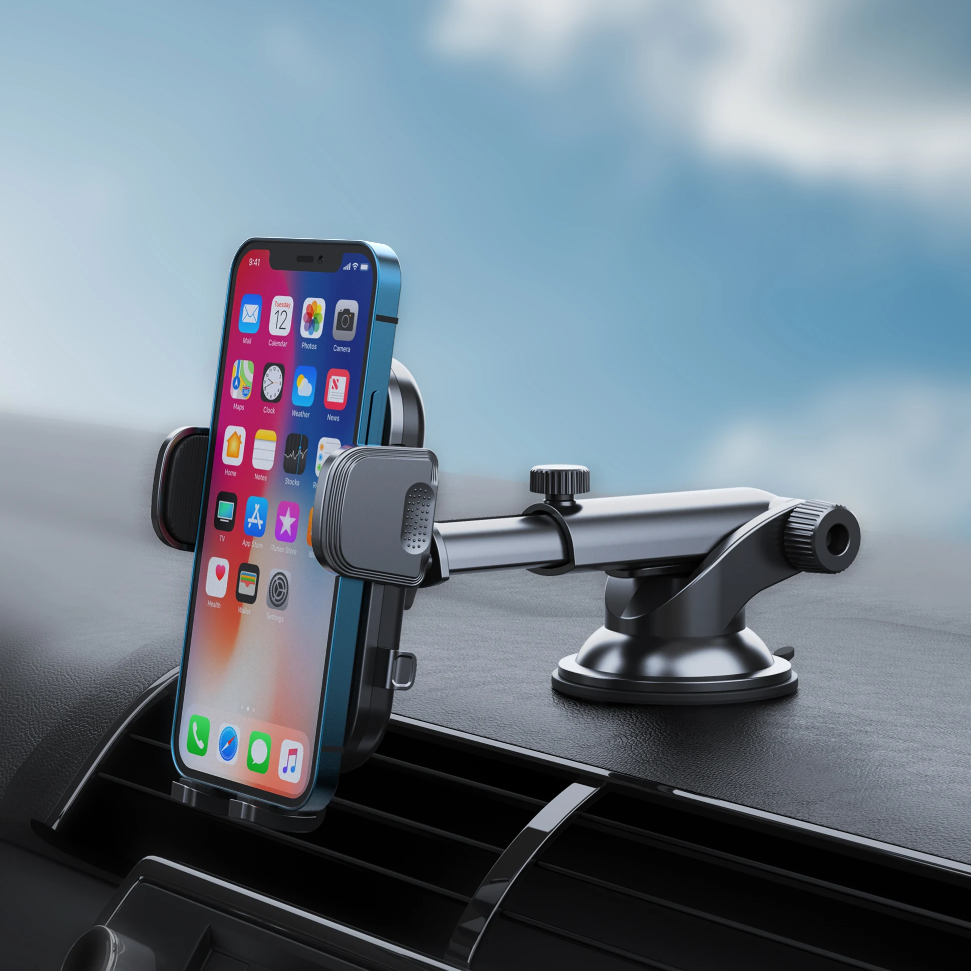 2022 New Car Phone Holder Dashboard Sucker Mount Telescopic Long Arm Stand One-Click Release Socket with Retractable Clamp Arms