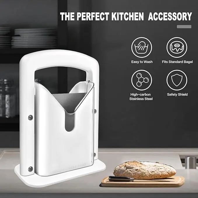 Hot Selling Stainless Steel Manual Bagel Guillotine Slicer Easy Grip Handle Bread Cutter Kitchen Accessories Baking Tools Metal
