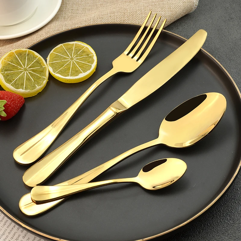 Wholesale Mirror Polished Luxury 4pcs Silver Knife Spoon Fork Gift Wedding Gold Stainless Steel Cutlery Set With Box