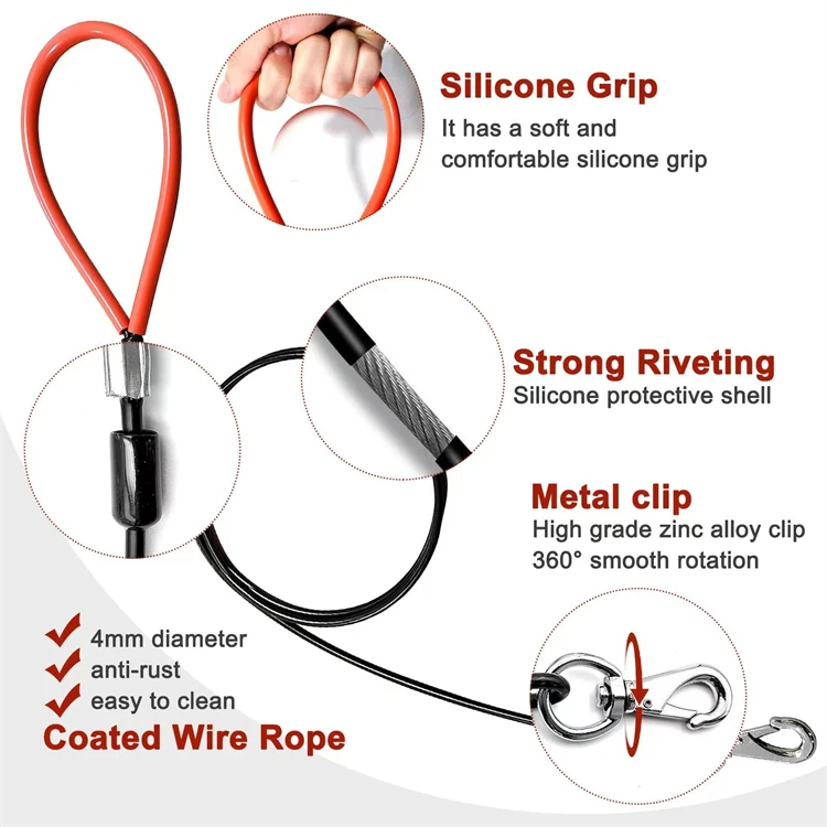 QQgift Custom Heavy Duty Leash Made of Coated Wire Rope for Large and Medium Dogs Dog Tie Out Cable with Soft Silicone Grip