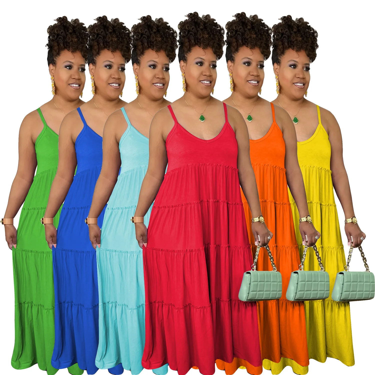 High Quality Solid Elasticity Pleats Ruffle Bohemia Sleeveless Maxi Lady Elegant  vestidos women elegant summer casual dresses