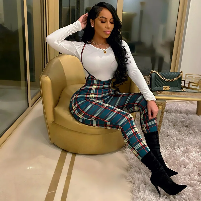 Hot Selling Women Casual Overalls Pencil Pants Plaid Long Suspenders Trousers Skinny Plaid Print Overalls Rompers