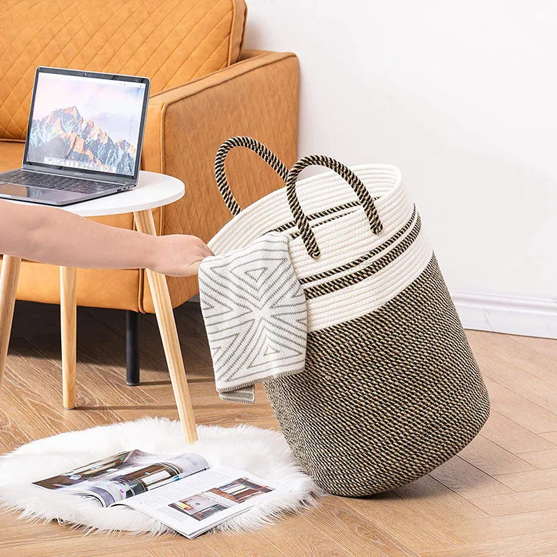 Large Cotton Rope Basket Woven Laundry Basket Blanket Toy Basket with Handle Storage Foldable Laundry Hamper