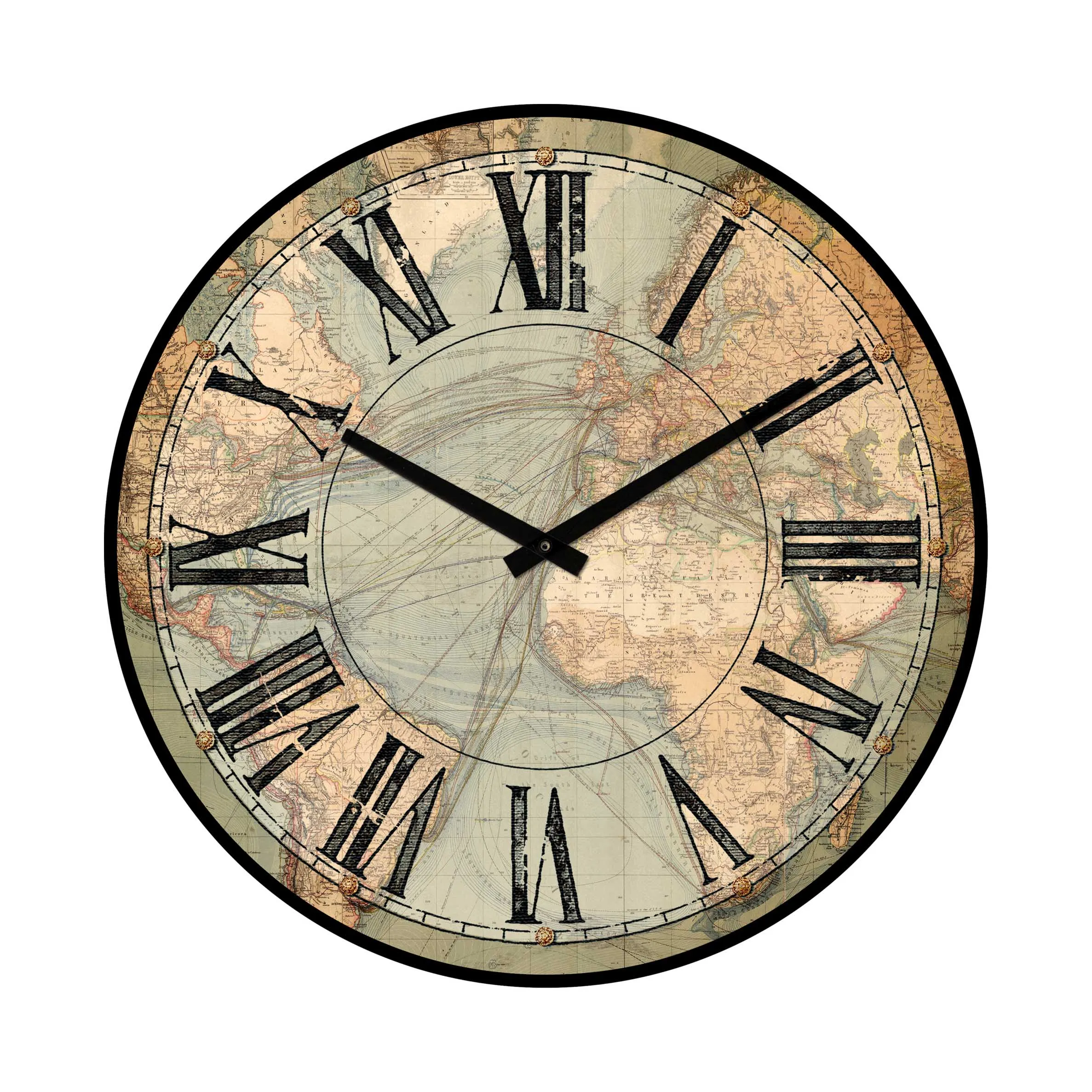 16 Inch Rustic Round Wood World Map Wall Clock With Roman Numerals Wall Decor