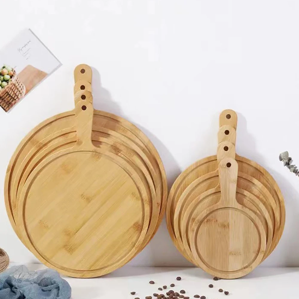 Bamboo Pizza Board with Handle Round Bread Fruit Cutting Board Wood Charcuterie Chopping Board for Kitchen Acacia Wood