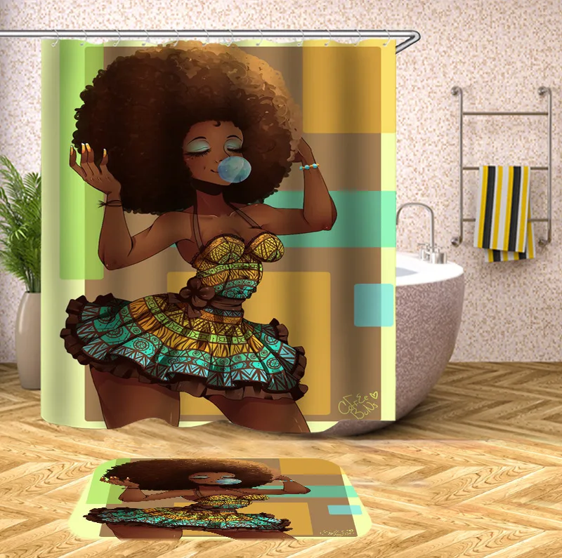 2022 Wholesale Custom Modern 3D Printed African Black Girl Bath Shower Curtains