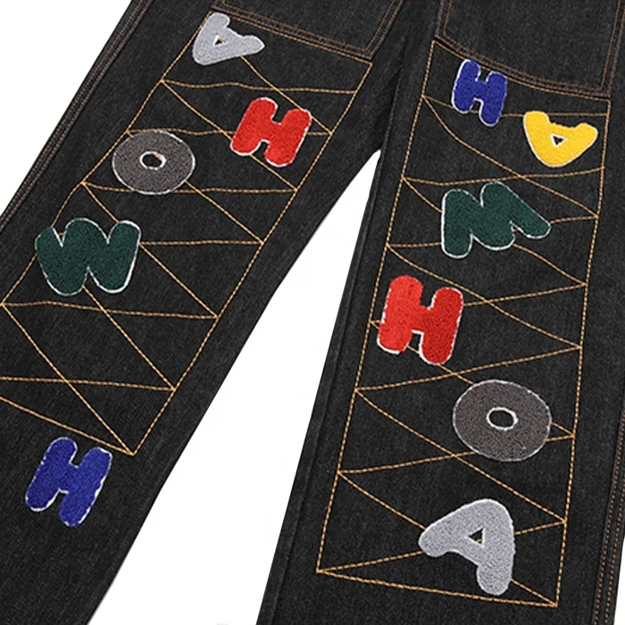 Finch Garment hip hop custom stacked jeans men streetwear chenille patches pants embroidered denim jeans