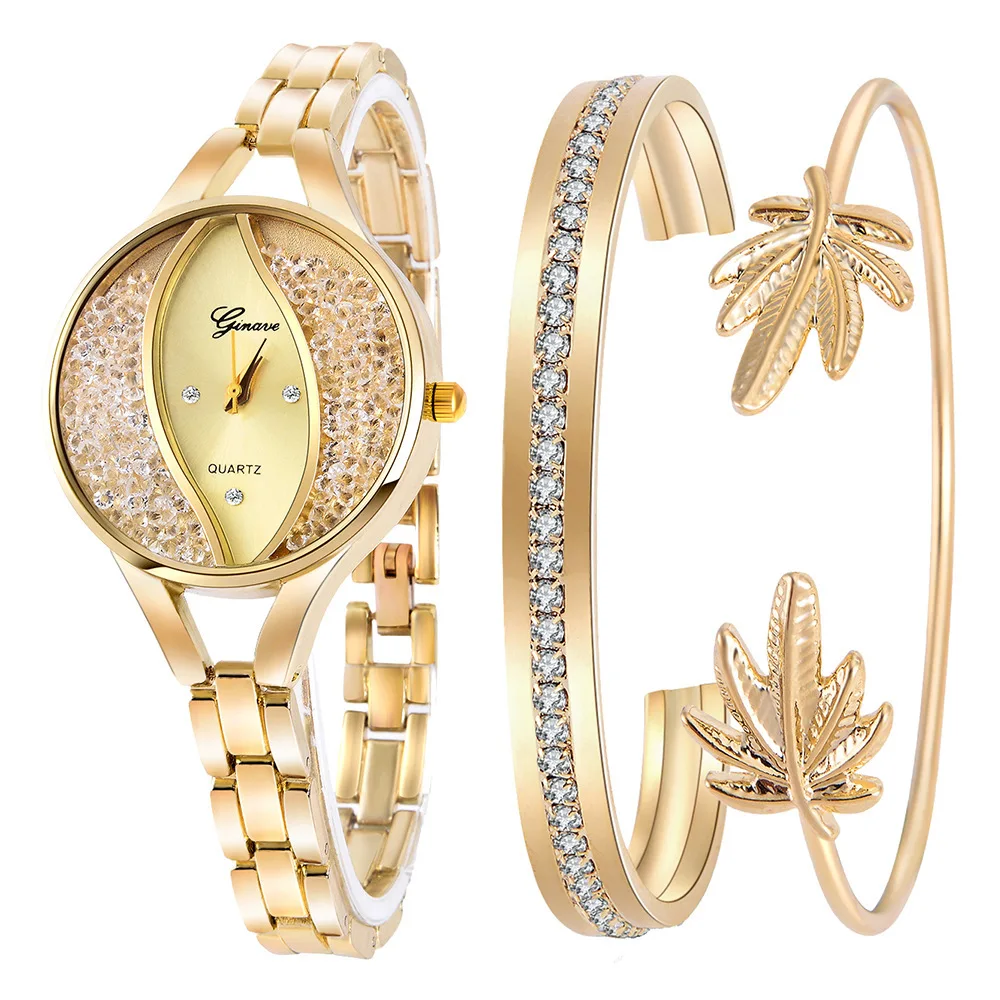 Luxury Ladies Watch Iced Out Watch Quartz Crystal Diamond Classic Fashion Romantic Jewelry Cuff Bracelet Watch Set