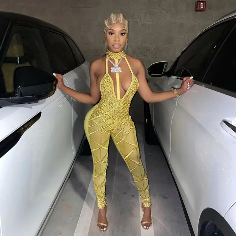 Женский комбинезон без рукавов, Летний комбинезон с ажурным принтом и высокой талией, 2022