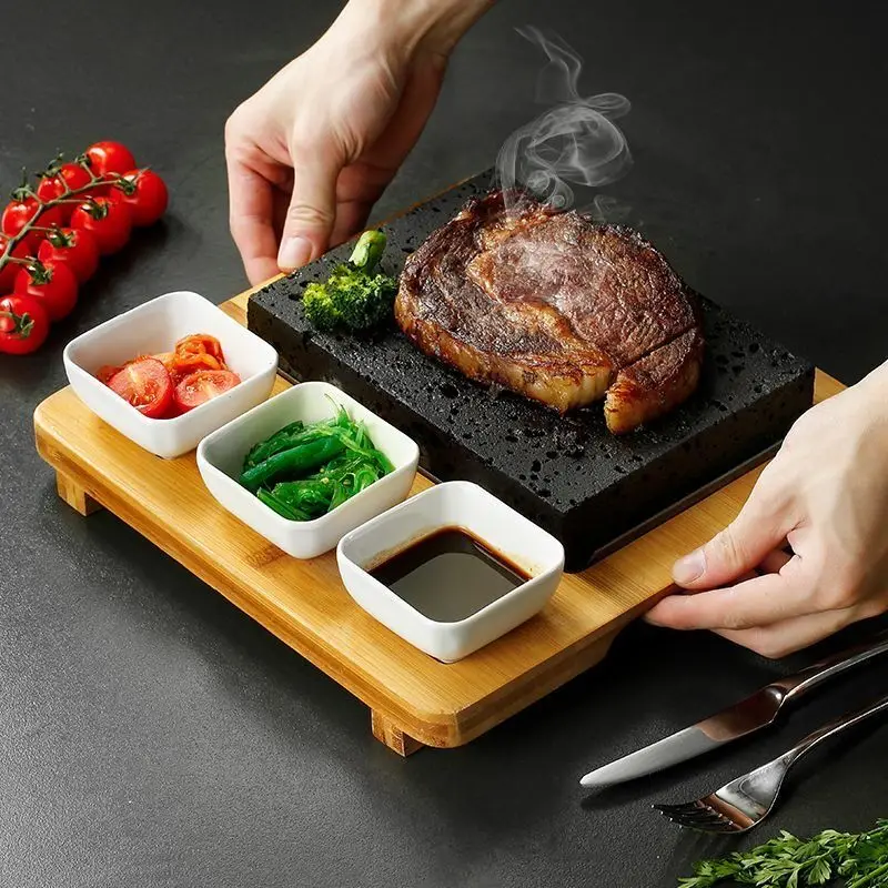 Lava Hot Steak Stone Plate Tabletop Grill Lava Rock Indoor BBQ Hibachi Grilling Stone w Ceramic Side Dishes and Bamboo Platter