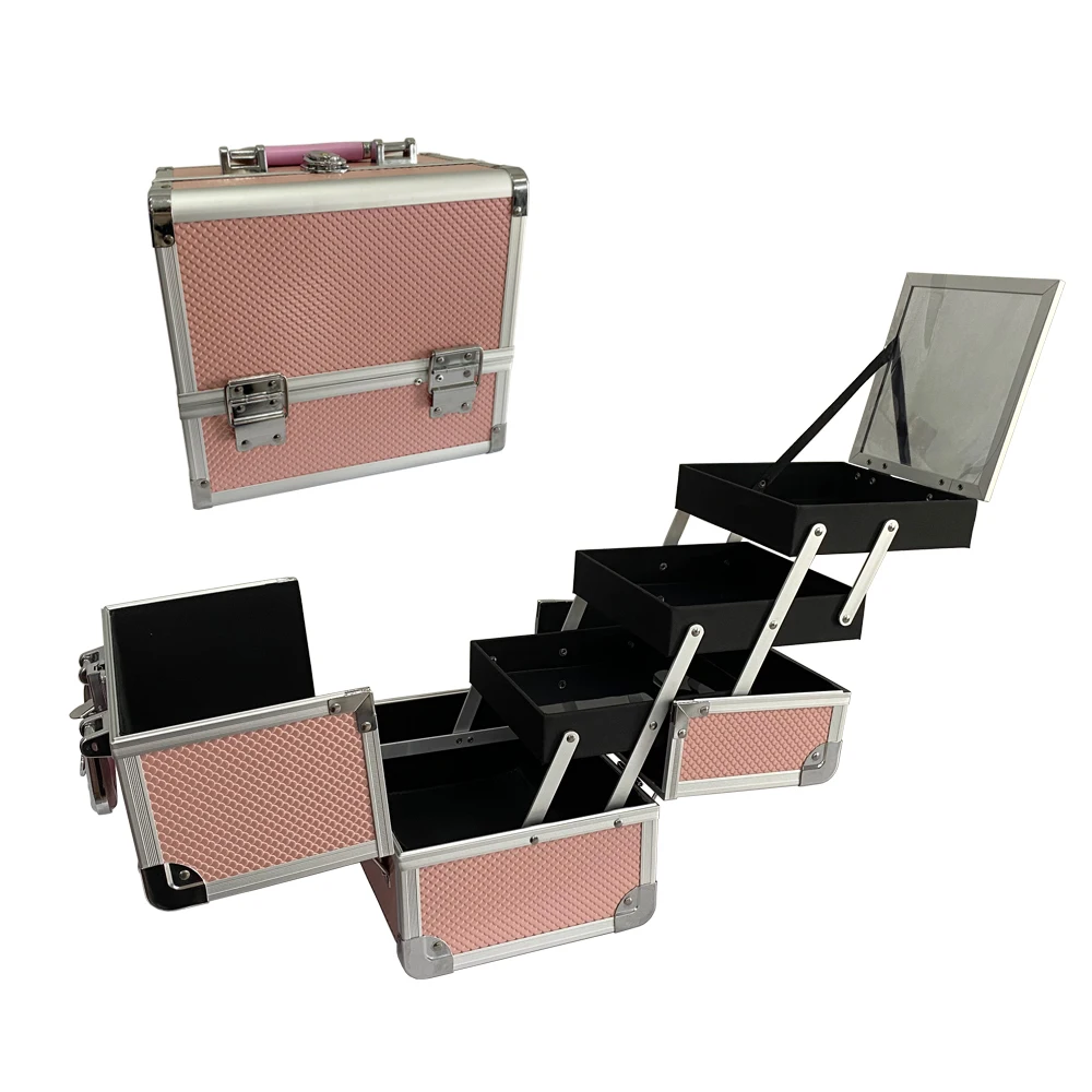 Makeup Train Case Portable Cosmetic Box Lockable with Keys and Mirror 3-Tier Trays Carrying with Handle Makeup Storage Box