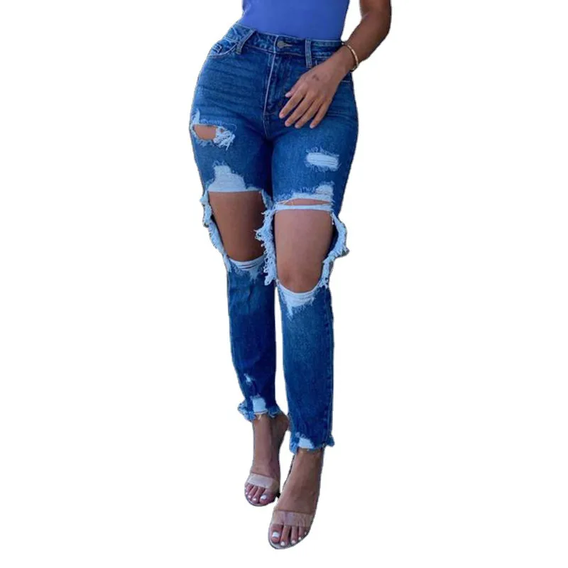 Весенне-летние европейские женские пикантные брюки стрейч с высокой талией и большими отверстиями узкие джинсы