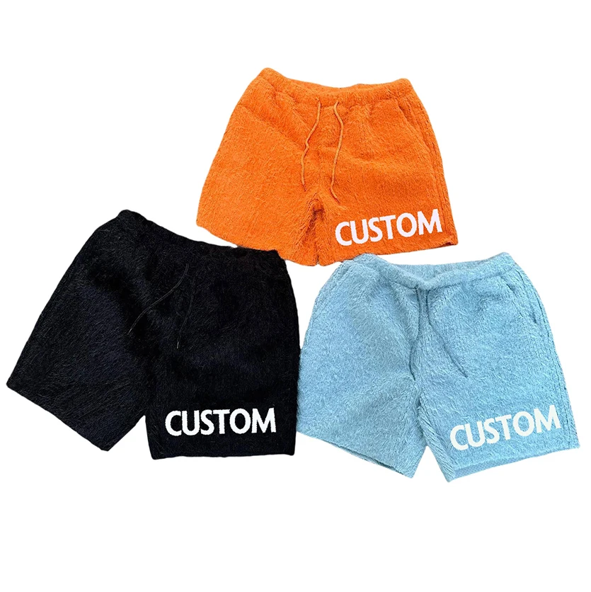 Custom LOGO men Furry knit Shorts winter Knit Pants men knitwear Drawstring knitted Loose Fuzzy mohair shorts