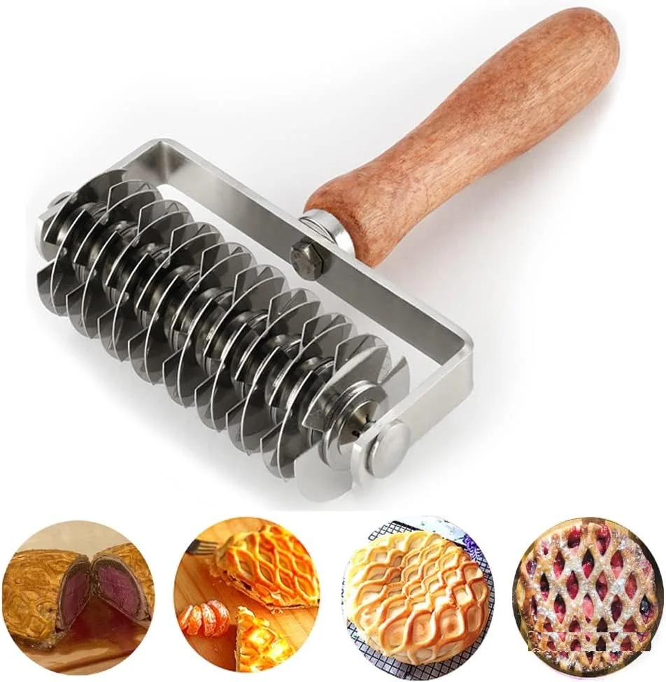 Lattice Cutter Dough Lattice Roller Cutter Baking Tool Cookie Pie Pizza Bread Pastry Crust Roller Cutter with Wood Handle