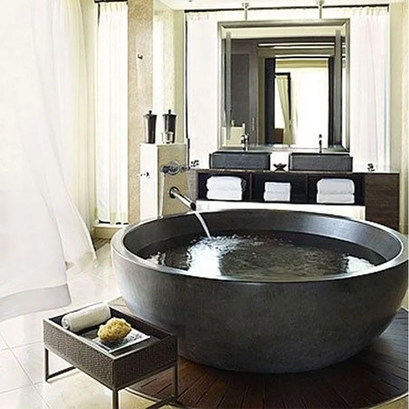 bathroom black square round granite sink with standing natural stone pedestal basin