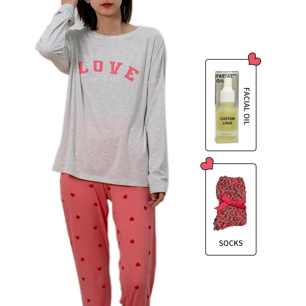 Drop Shipping Print Adult Pink Home Wear Long Sleeve Valentines Pajamas For Women Set