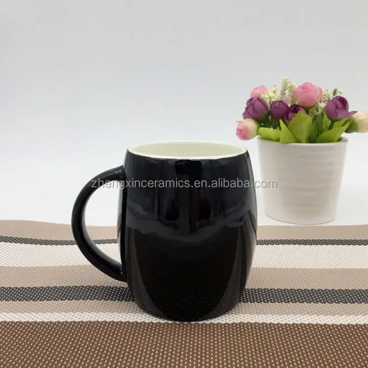 China factory manufacturing 11oz black glaze ceramic big belly bucket shape mug for daily using