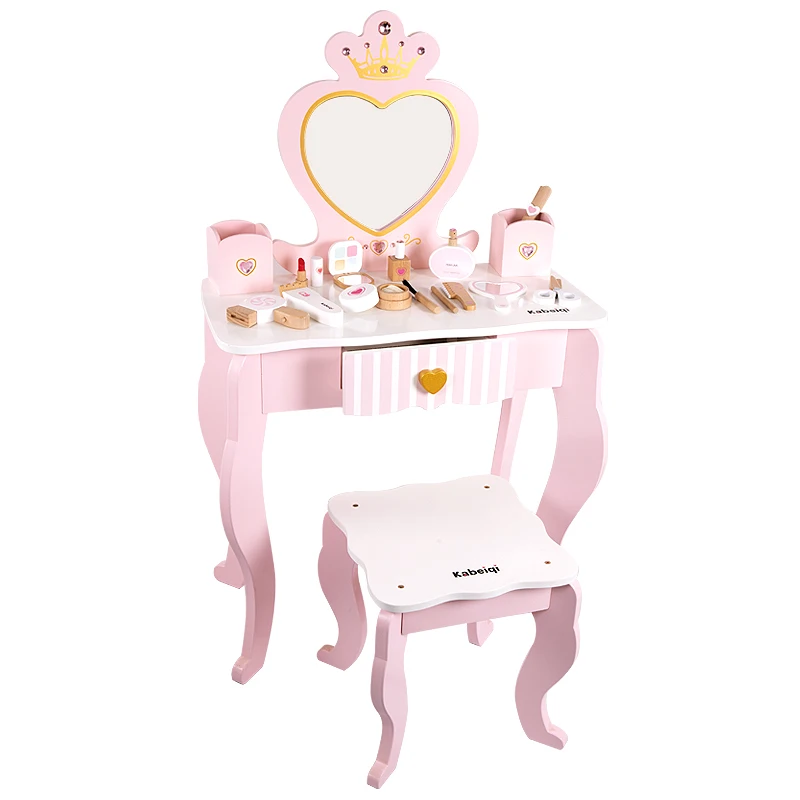 Children Early Educational Wooden Pretend Role Play Princess Dressing Makeup Table Chair Set Pink Toys For Girl