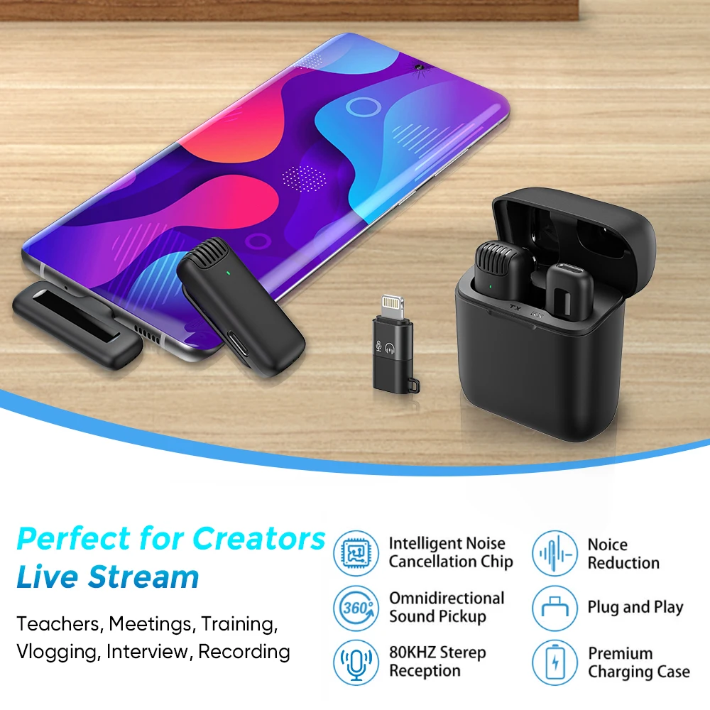 Wireless Lapel Lavalier Microphone Noise Reduction Live Interview Mobile Phone Recording Mic for iPhone Type C with Charging Box