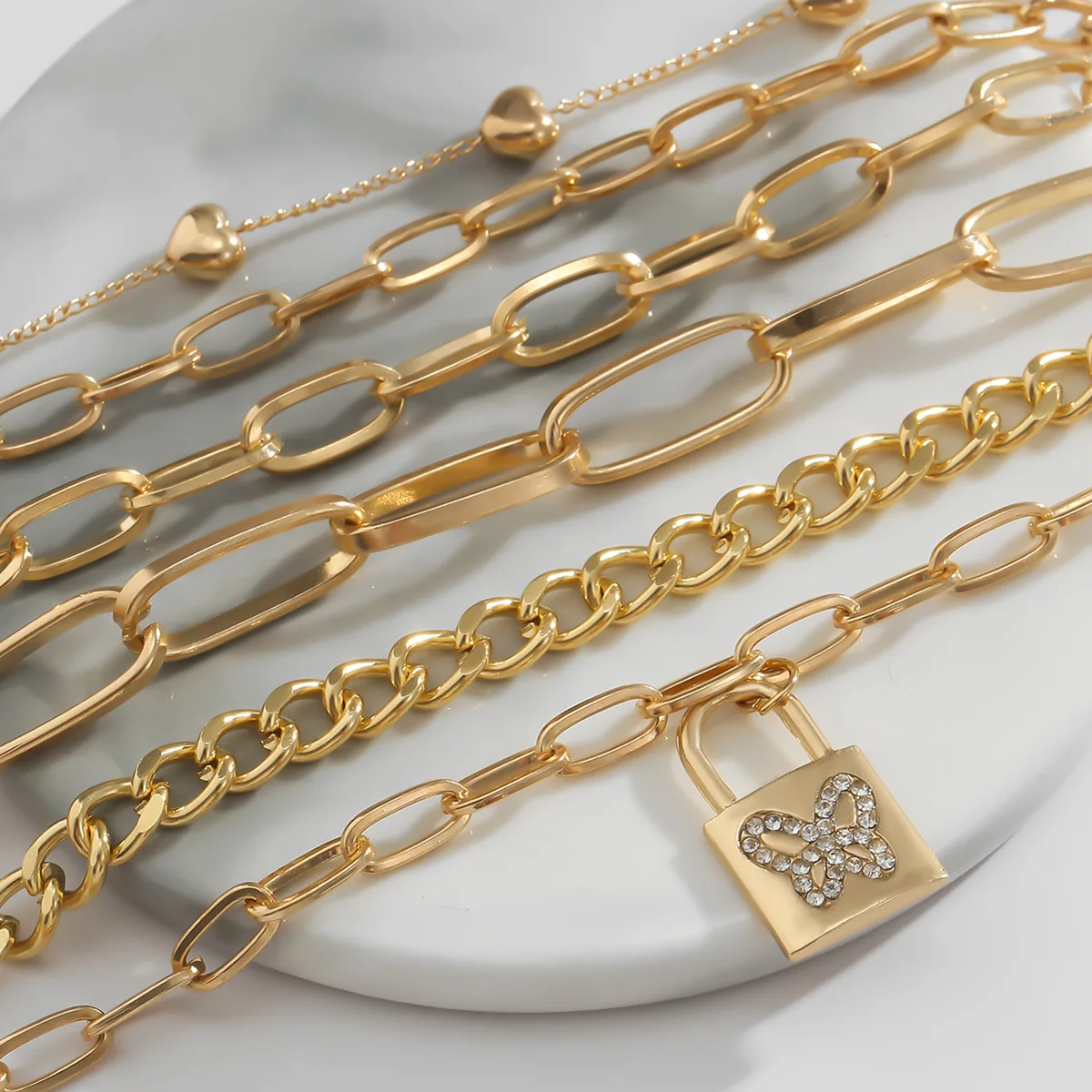  Golden Lucky Multilayer Handmade Peach Heart Cross Chain Inlaid With Diamond Butterfly Lock Bracelet Set