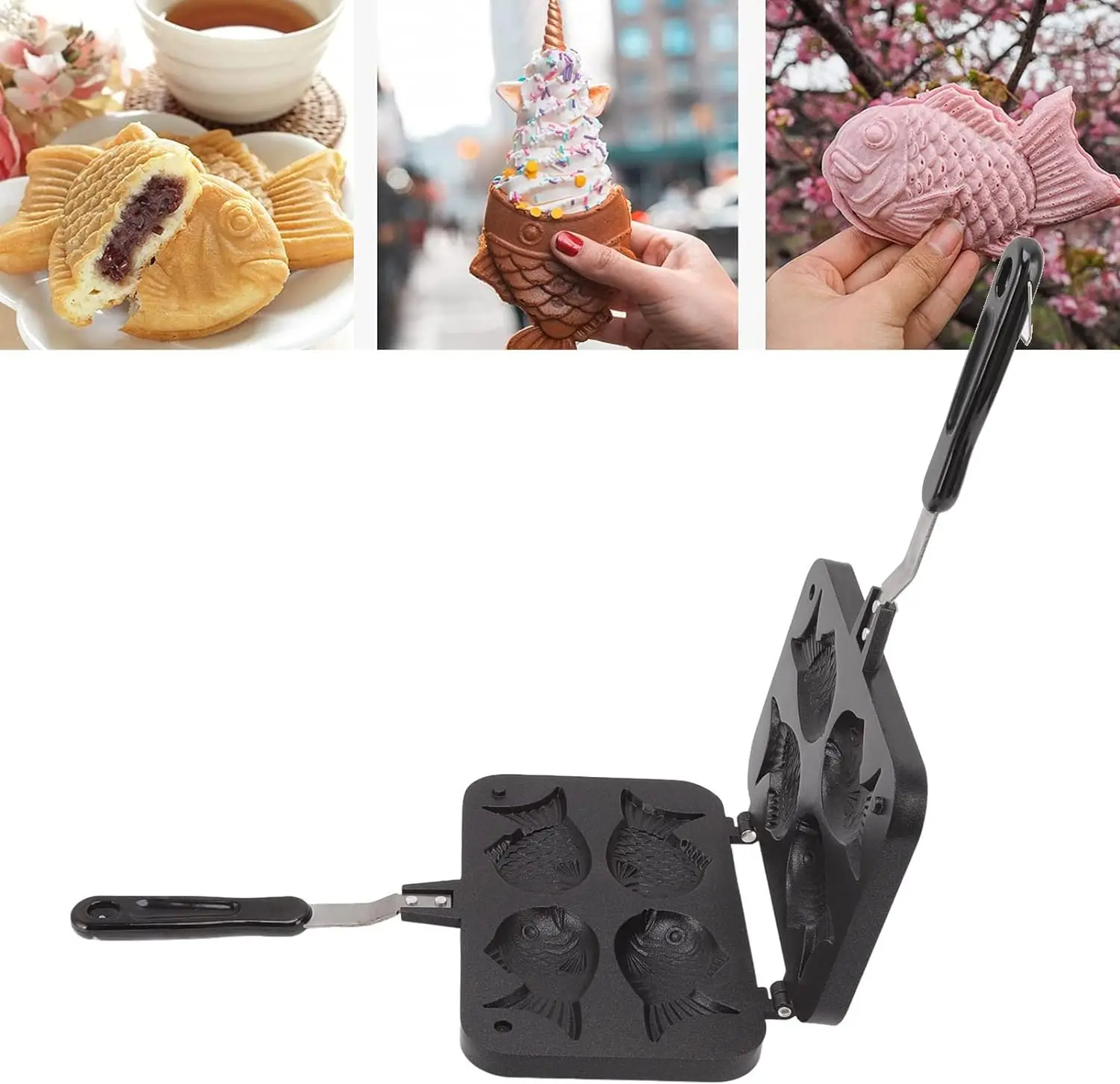 Taiyaki Fish Shaped Cake Mould 4 Trays Non-stick Japanese Waffle Cake Mold with Anti Scalding Handle