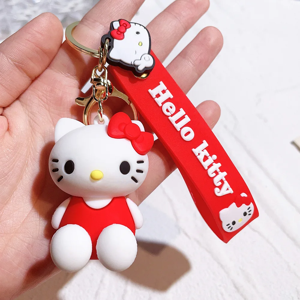 Cute PVC Wrist Strap Car Keychain Accessories Bag Ornament Doll 3D Silicone Hello Kitty KT PVC Gold Key Rings Gift Keychain