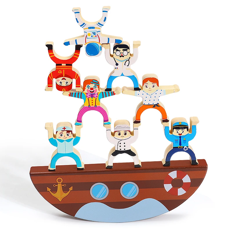 High Quality Wooden Children Play Stacking Pirate Ship Blocks Balance Building Block Toy