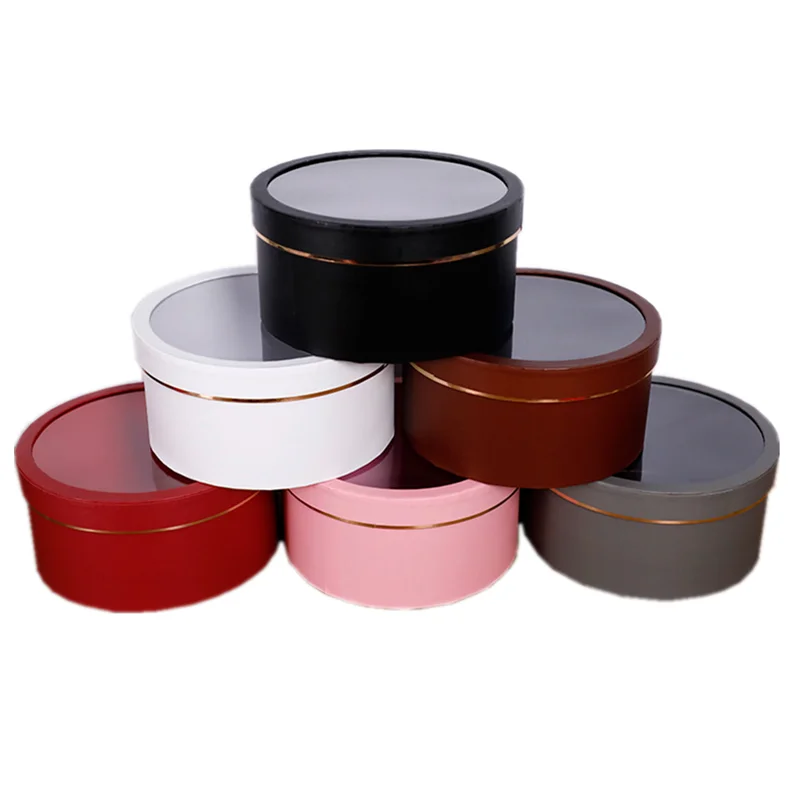 Round gift packaging hat box 2 set round white black pink purple with clear pvc plastic window for flower floral cosmetic hat
