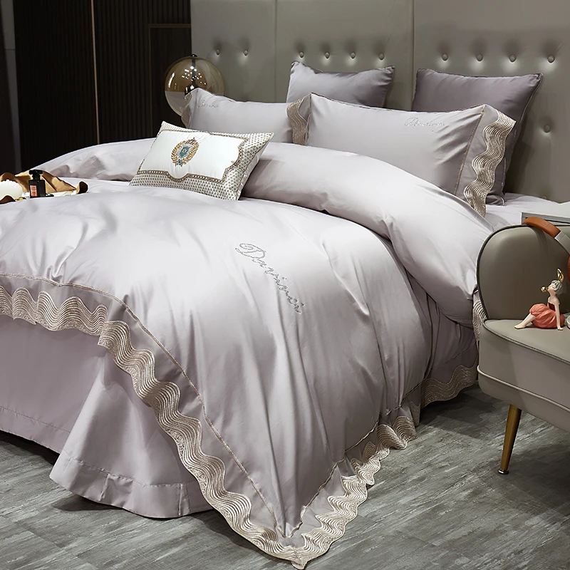 2023 New High-End Luxury Delicate 100S Egyptian Cotton Embroidery 4pcs Bedding set with lace with different sizes and colors