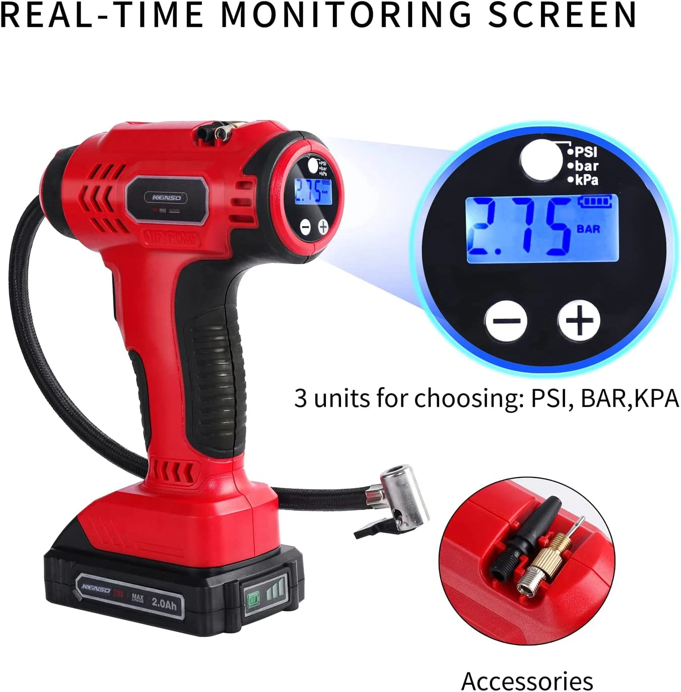 Cordless Tire Inflator& worklight,20V Battery Powered Car Tire Pump with Digital Pressure Gauge