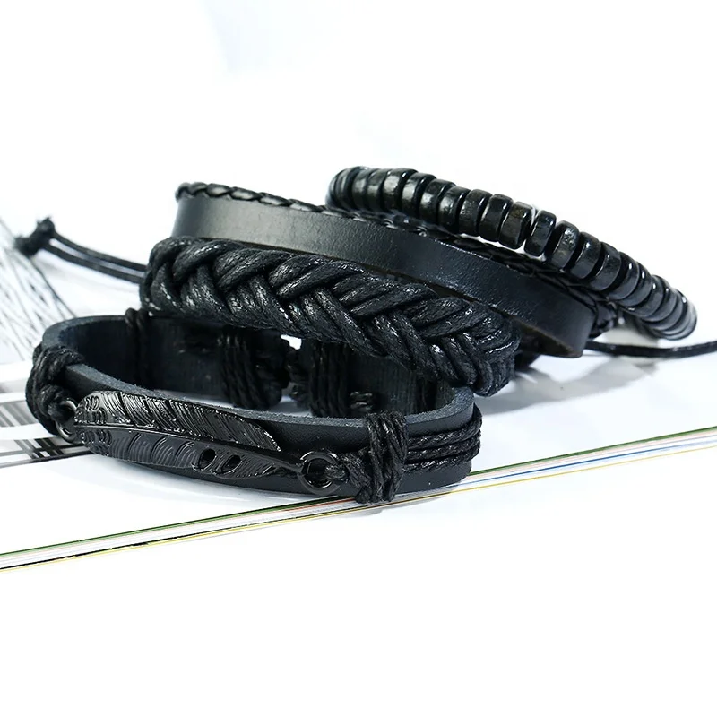 adjustable cheap set artificial wax string braided wood bead leather bracelet feather for men