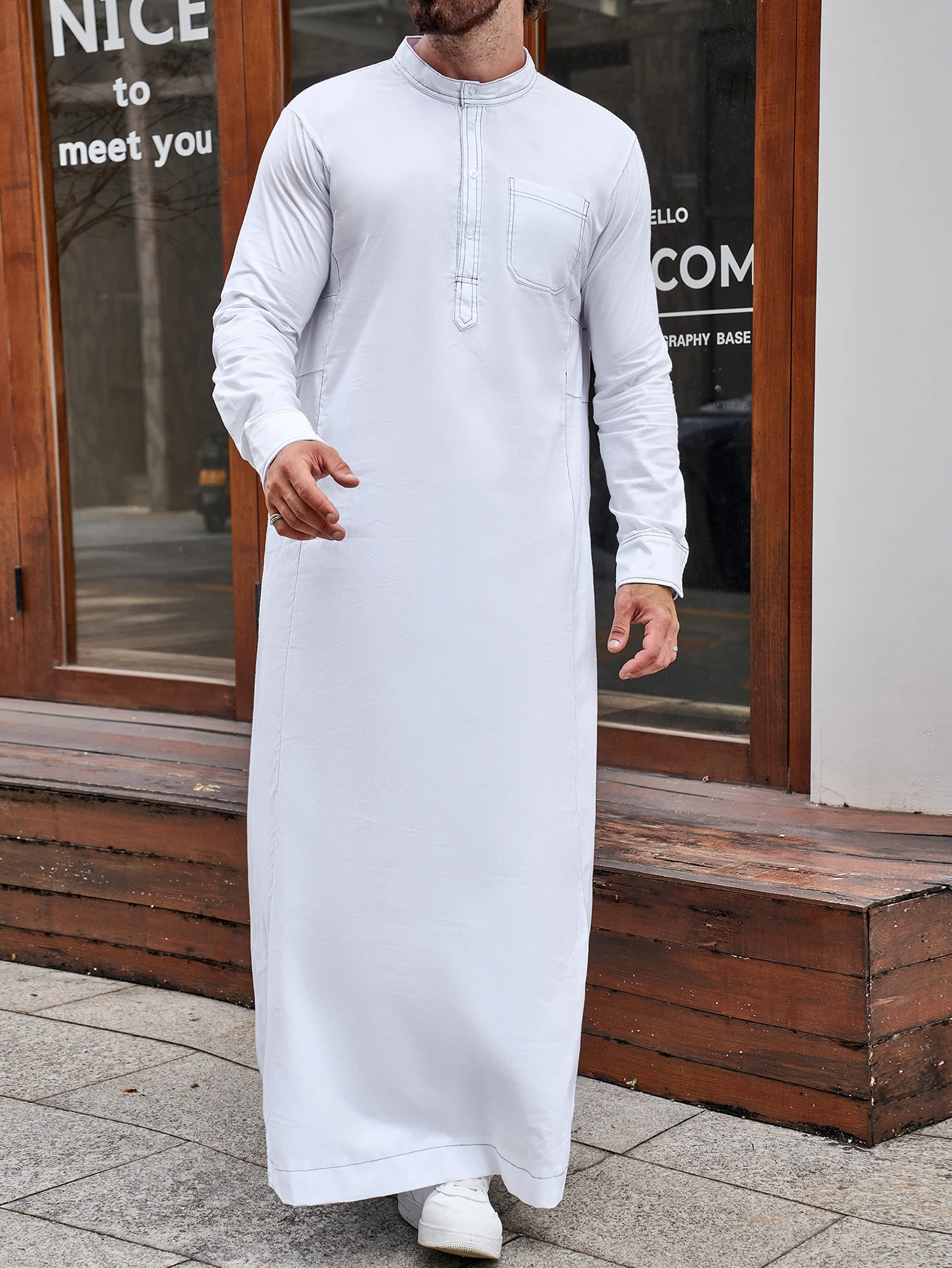 Ramadan Muslim Middle East Arab Dubai Malaysian men color contrast pocket stand collar shirt robe