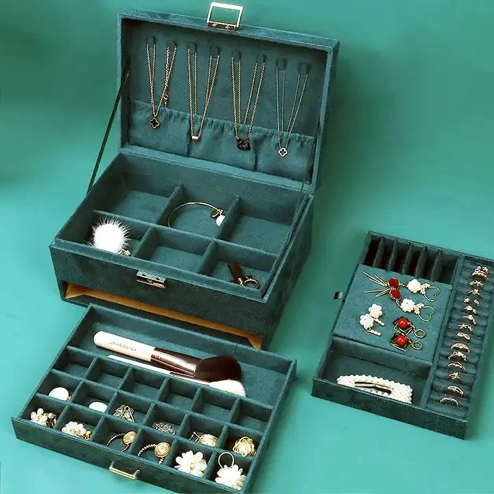 3 Layer Green Velvet Jewelry Organizer Box with Lock for Women Jewellery Storage Case Rings Necklace Earrings Bracelet Display