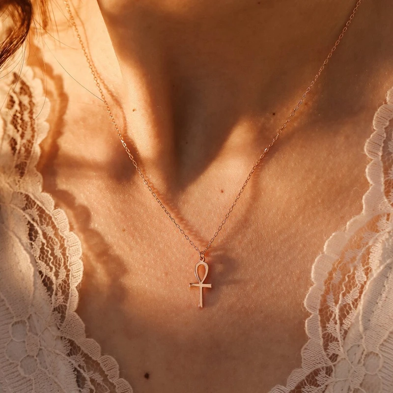 MECYLIFE Dainty Cute Ankh Necklace 14K Gold Ankh Pendant Necklace Handmade Egyptian Ankh Jewelry Necklace for Women