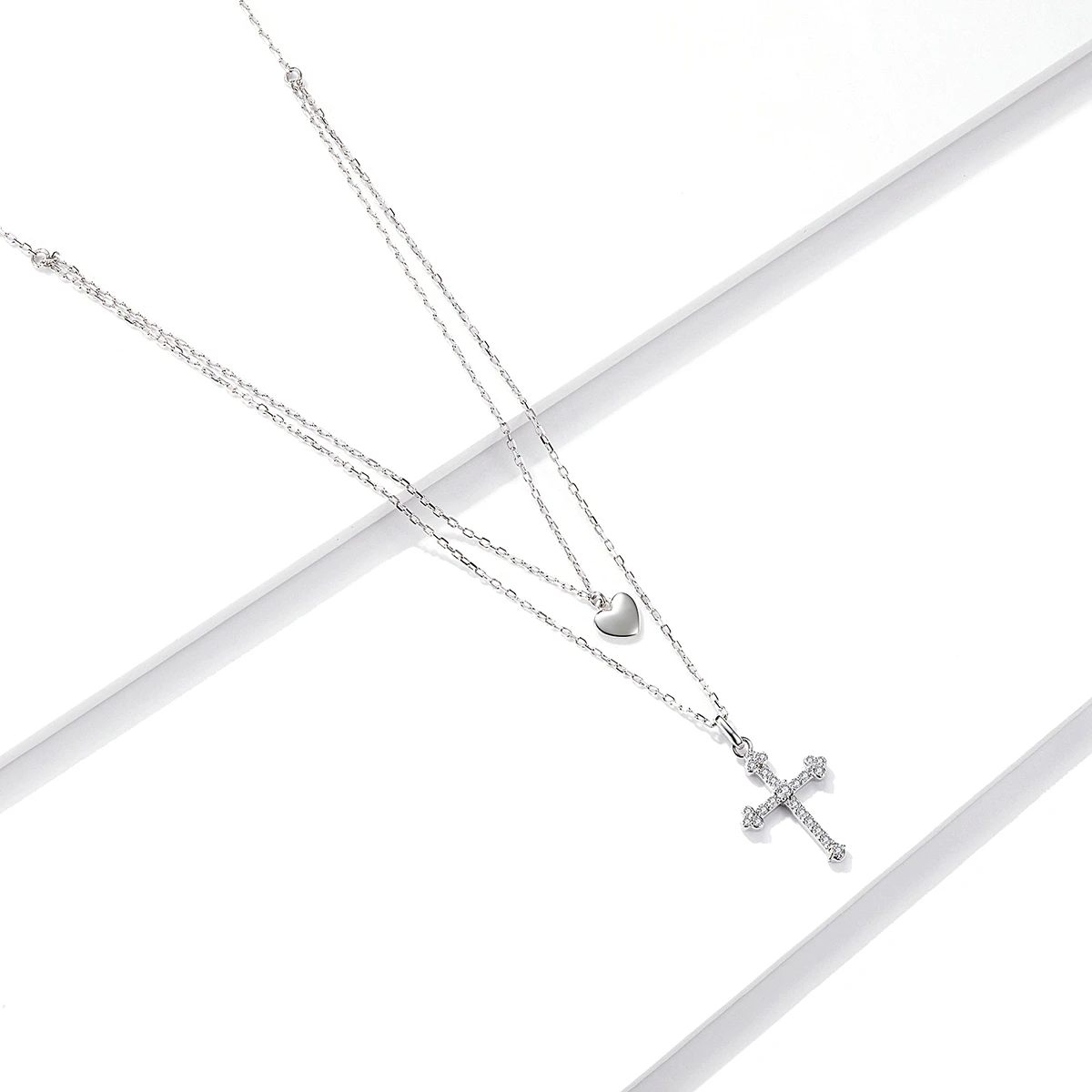 925 Silver Jewelry Double Chain Heart Cross Pendant Necklace for Women with Zircon Gemstone