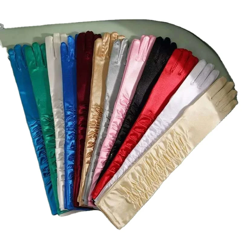 50cm Opera Dress Wedding Long Satin Shirred Elbow Gloves Bridal Party Gloves For Women