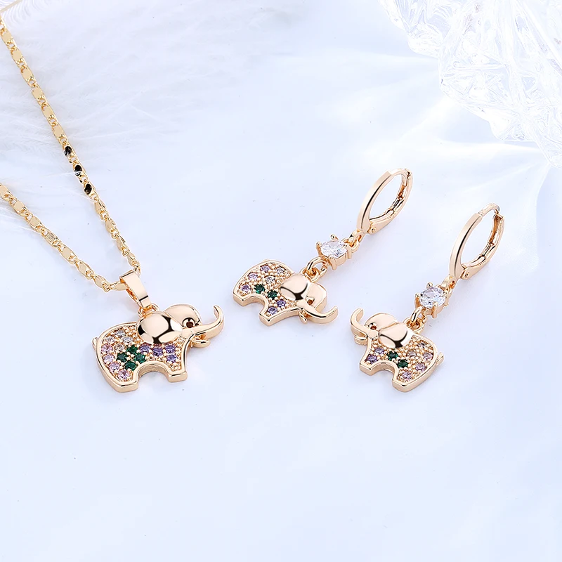 top best selling elephant cute jewellery earring and necklace set for woman cubic zirconia jewelri set 18k gold plated on brass