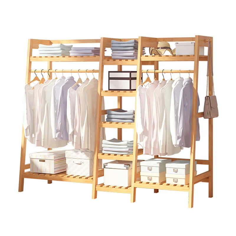 Bedroom Trapezoidal Hanging Bamboo Coat Rack with Storage Shelf Display Stand Firm and Easy to Assemble