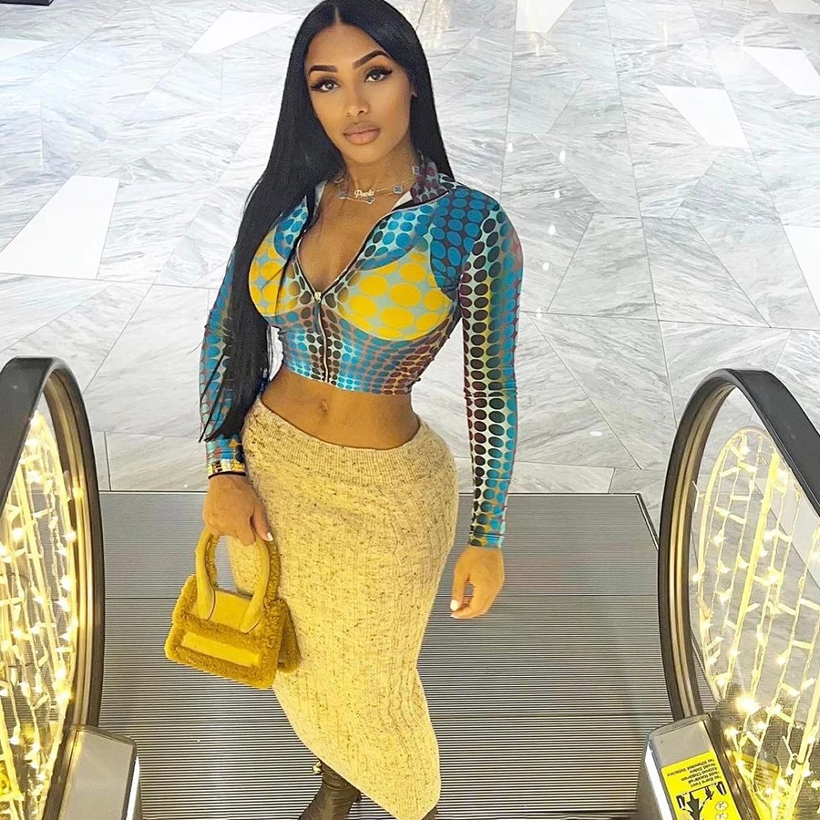 25319 Fashion Clothes 3D Dot Print Long Sleeve T Shirt High Street Style Tees Women Zip Top