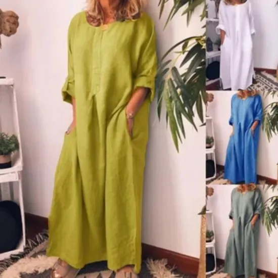 Fashion Women Summer Casual Dresses Linen Ladies Long Dress Wholesales