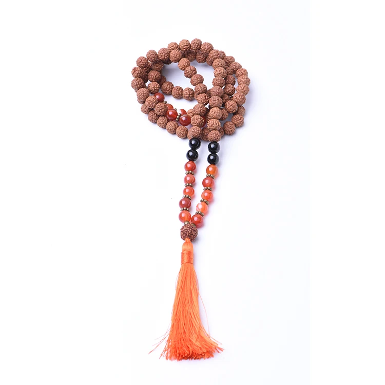 Natural Gemstones Black Onyx And Rudraksha 8mm Bead Mala With Tassel 108 Bead Yoga Necklace