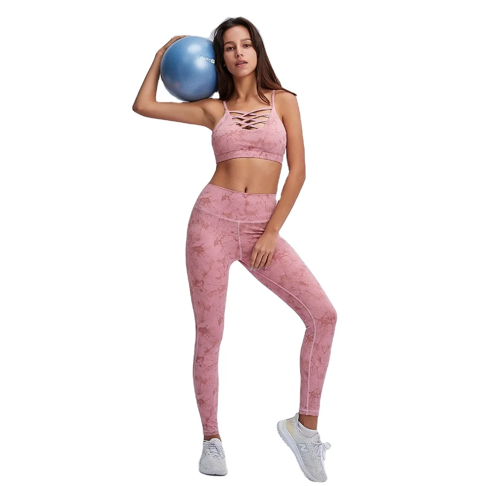 
Hollow design classic sportswear two-piece tie-dye seamless fitness gym clothes yoga suit 