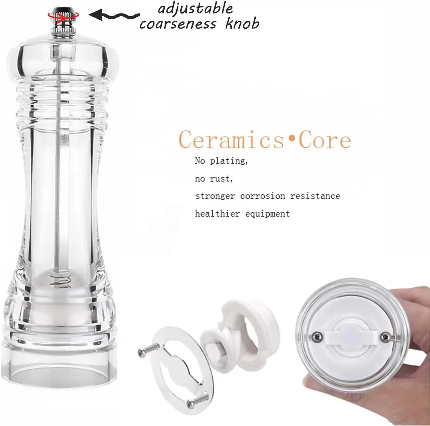BST 6 inch Manual acrylic salt and pepper mill ceramic shaker kitchen transparent pepper grinder mechanism