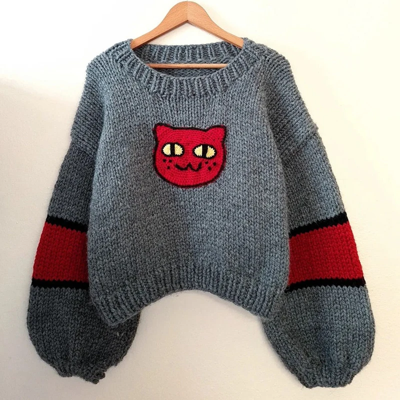Оригинальный oem odm шерстяной акриловый вязаный свитер Marceline Cat, вязаный пуловер, вязаный свитер marceline с рукавами-фонариками