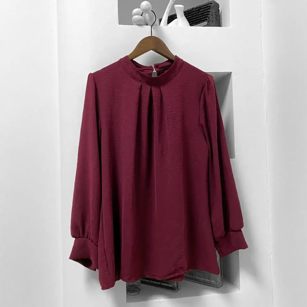 Latest Wholesale Malaysia Dubai Abaya Muslim Women Tops Long Sleeve Casual Crew Neck Modest Jazz Crepe Muslim Blouses Shirts