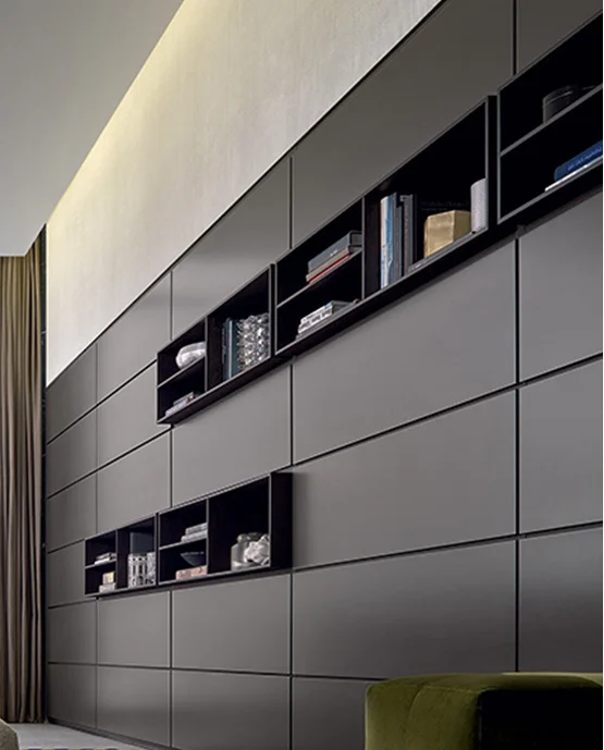 Luxury TV Cabinet Background Wall Bookcase MDF Living Room Storage Cabinet Sink PVC Door Finish Lacquer Acrylic Hinge Faucet
