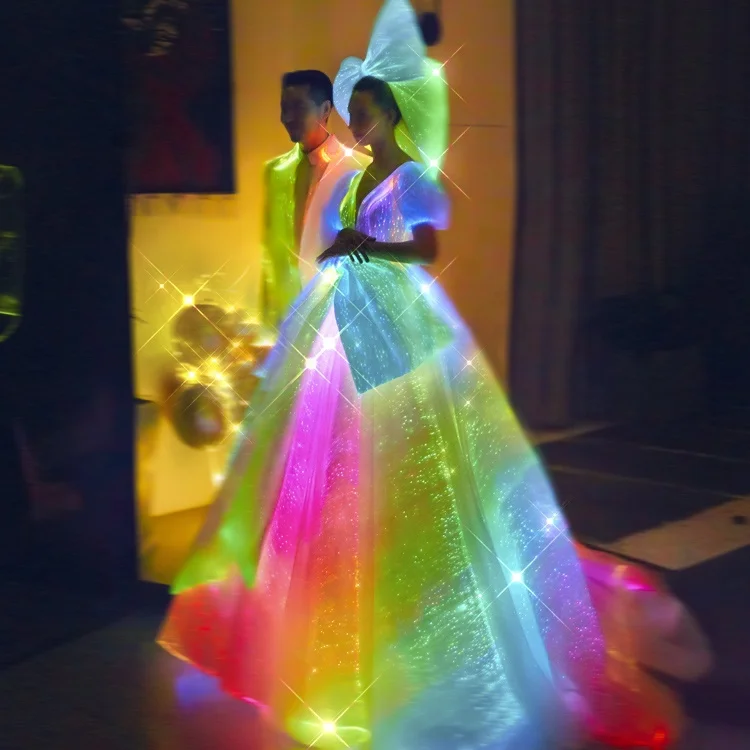 Haute Handmade Couture Vestidos De Novia V Neck Short Puff Sleeve 7 Color Led Light up Bowknot Wedding Dress